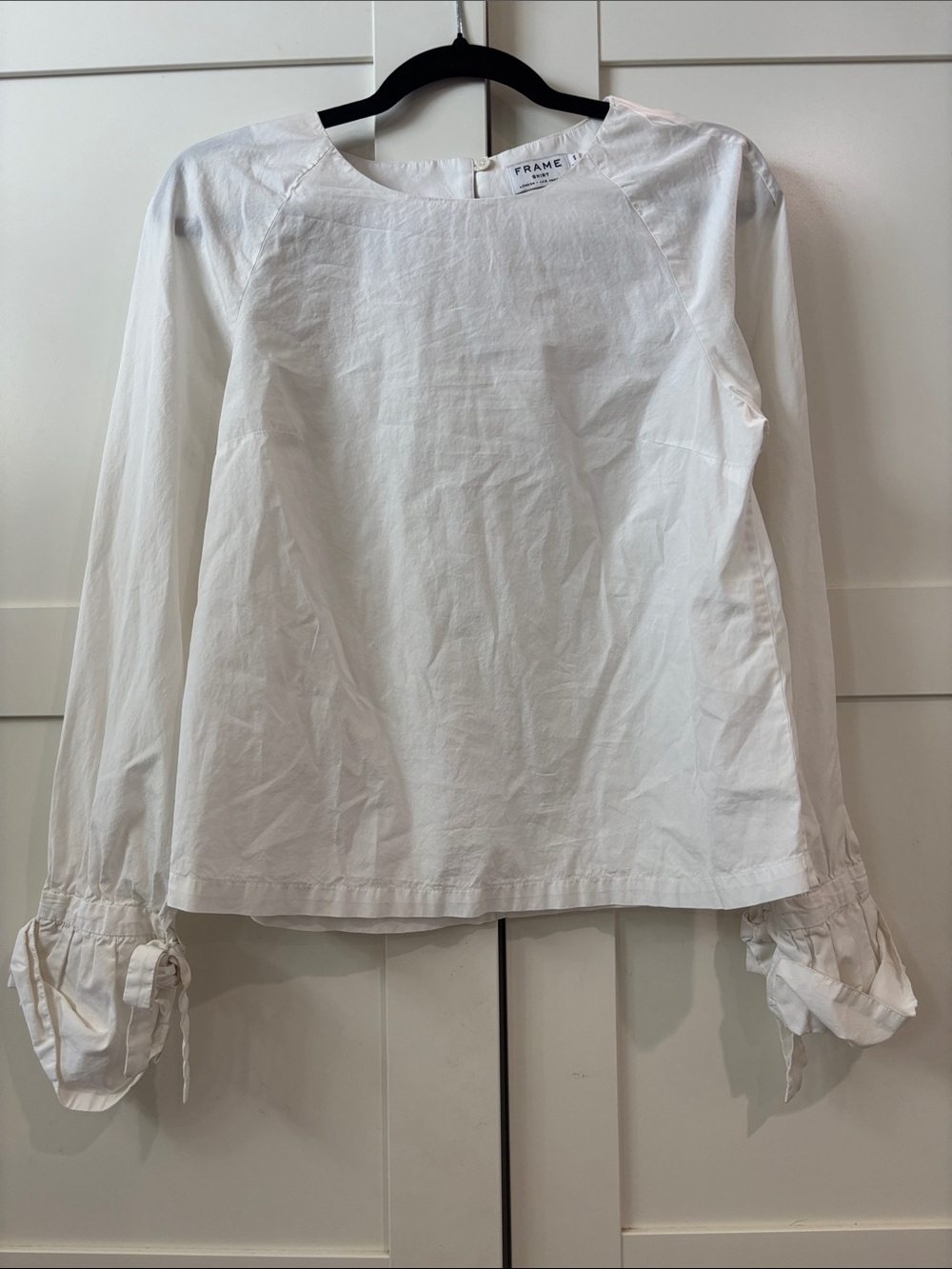 Frame Denim White Long-Sleeve Tie-Cuff Cotton Top, S